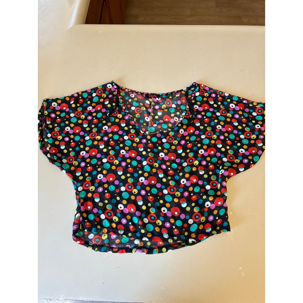 Blush Womens V-Neck Short Sleeve Blouse Black Multi-Color Polka Dot Circle Print